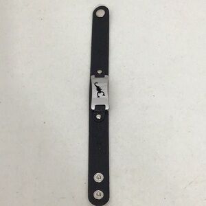 Black leather & stainless steel snap on bracelet w/ scorpion emblem.